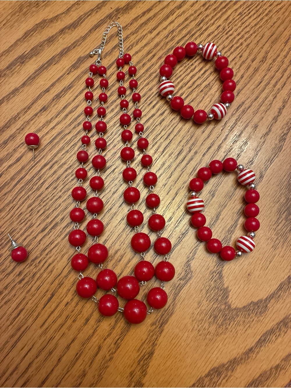 4-Piece Red & White Stripe Beaded Statement Jewelry Set Necklace Bracelet